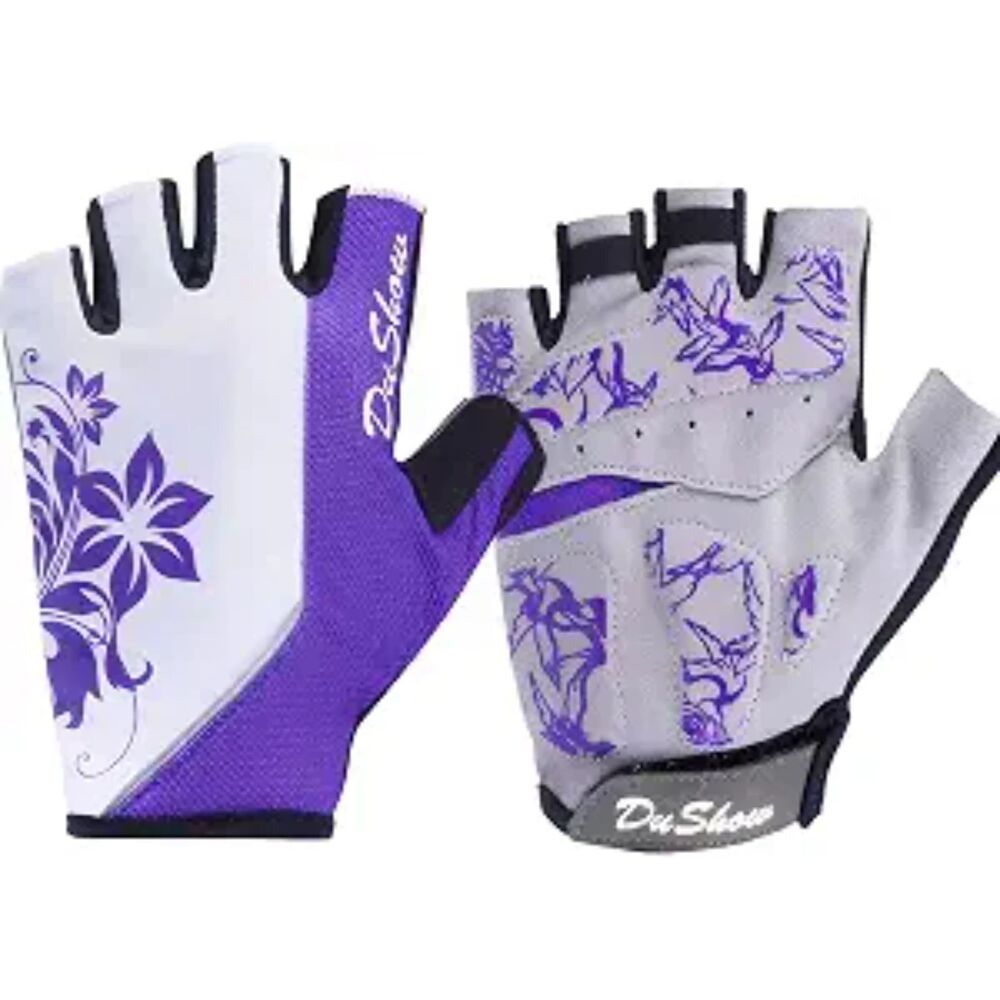 DuShow Womens Half Finger Cycling Gloves Floral Padded Bike Gym Gloves Purple M